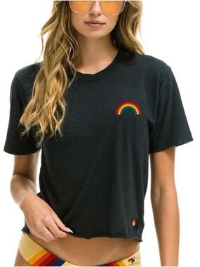 Aviator Nation Embroidered Rainbow Boyfriend Tee Shirt Charcoal Gray Size Small
